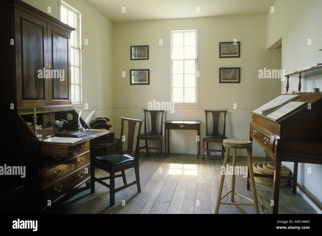 Interior of colonial era office in historical Williamsburg Virginia Stock Photo