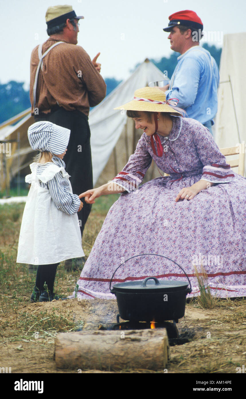 Young participants in Civil War costume in camp scene during reenactment of Battle of Manassas Virginia Stock Photo