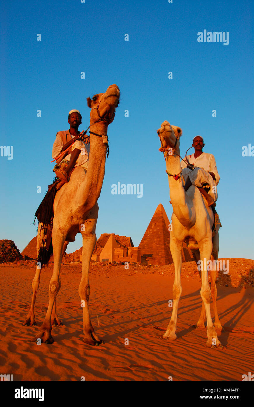 Nomads on camels in front of the pyramids of Meroe, Meroe, Sudan Stock Photo