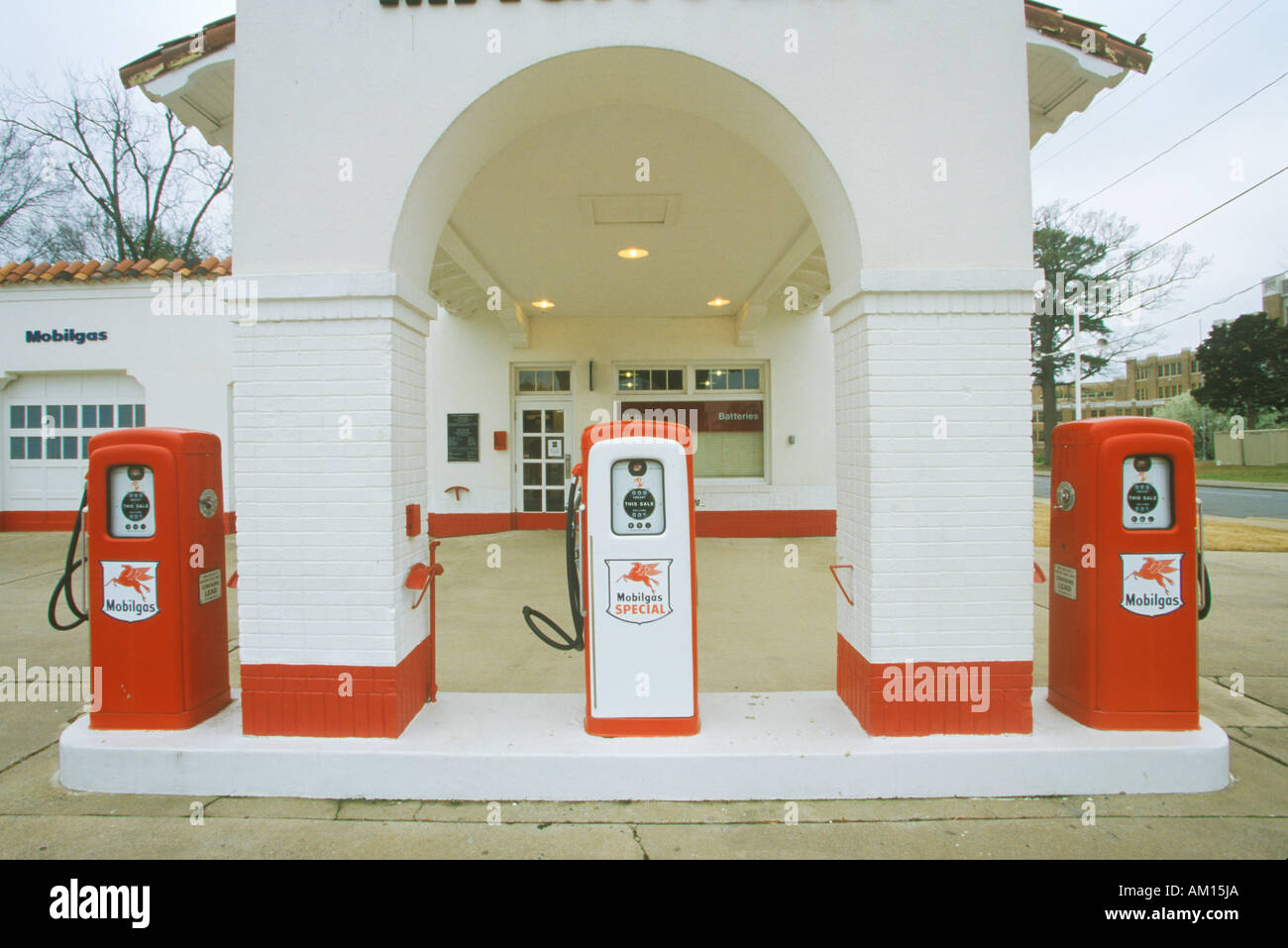 Historical Mobil Oil Gas Station at Little Rock Arkansas Central High School scene of Civil Rights protests in 1950 s Stock Photo