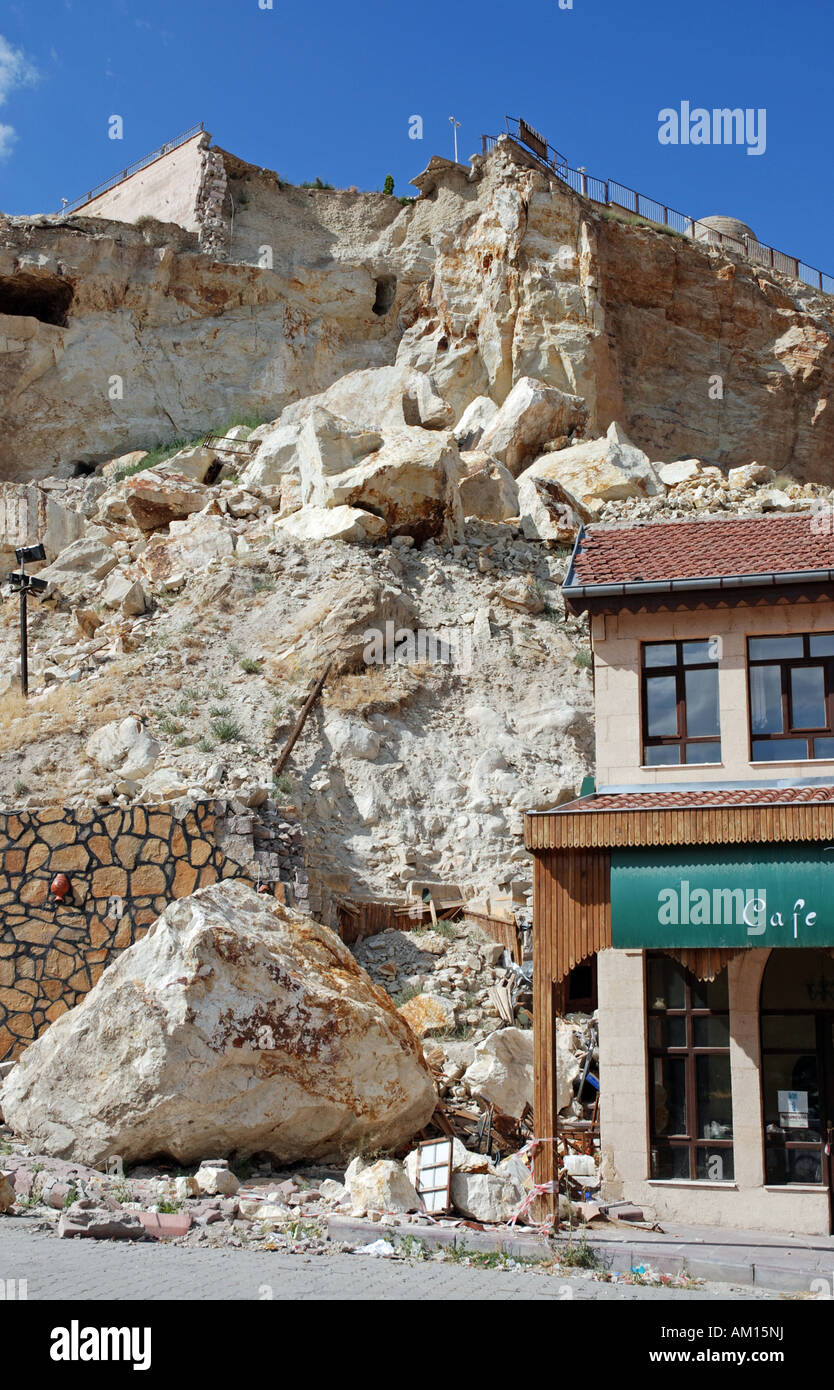 Stone-avalanche, damaged cafe, Uerguep, Cappadocia, Turkey Stock Photo