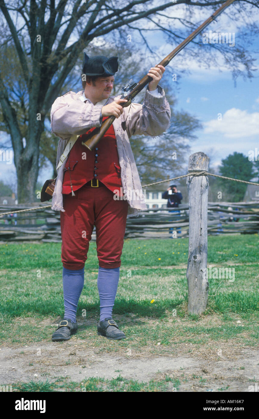 Living history participant with musket in Williamsburg Virginia Stock Photo