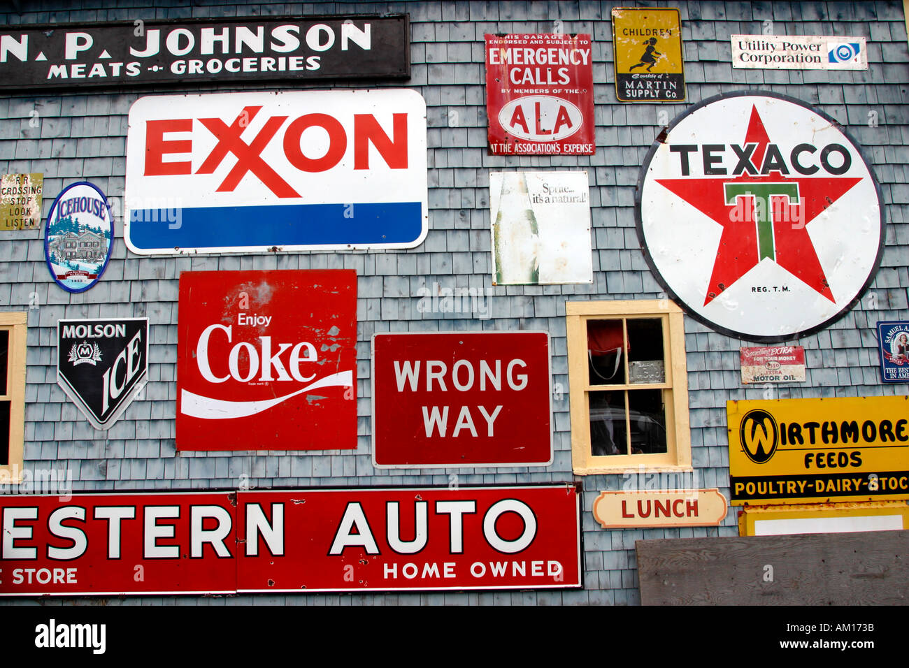Antique Signs on Barn Camden Maine Stock Photo Alamy