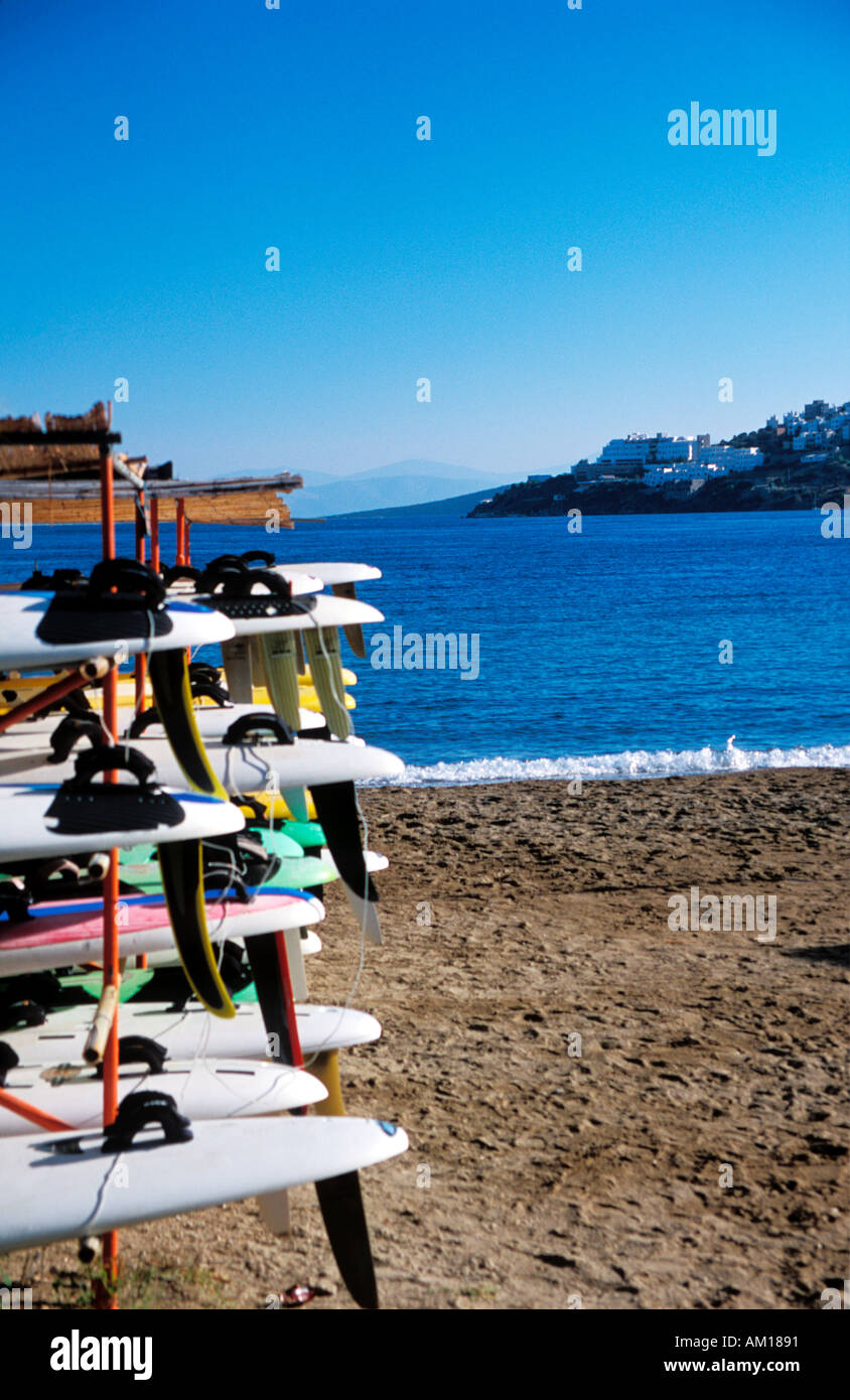 Windsurfing boards stowed on the beach at Gundogan Turkey Stock Photo