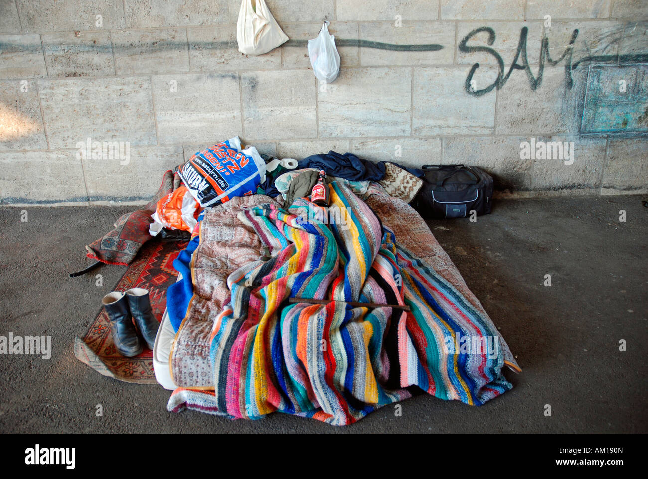 Bed of a homeless person, Cologne, North Rhine-Westphalia, Germany, Europe Stock Photo