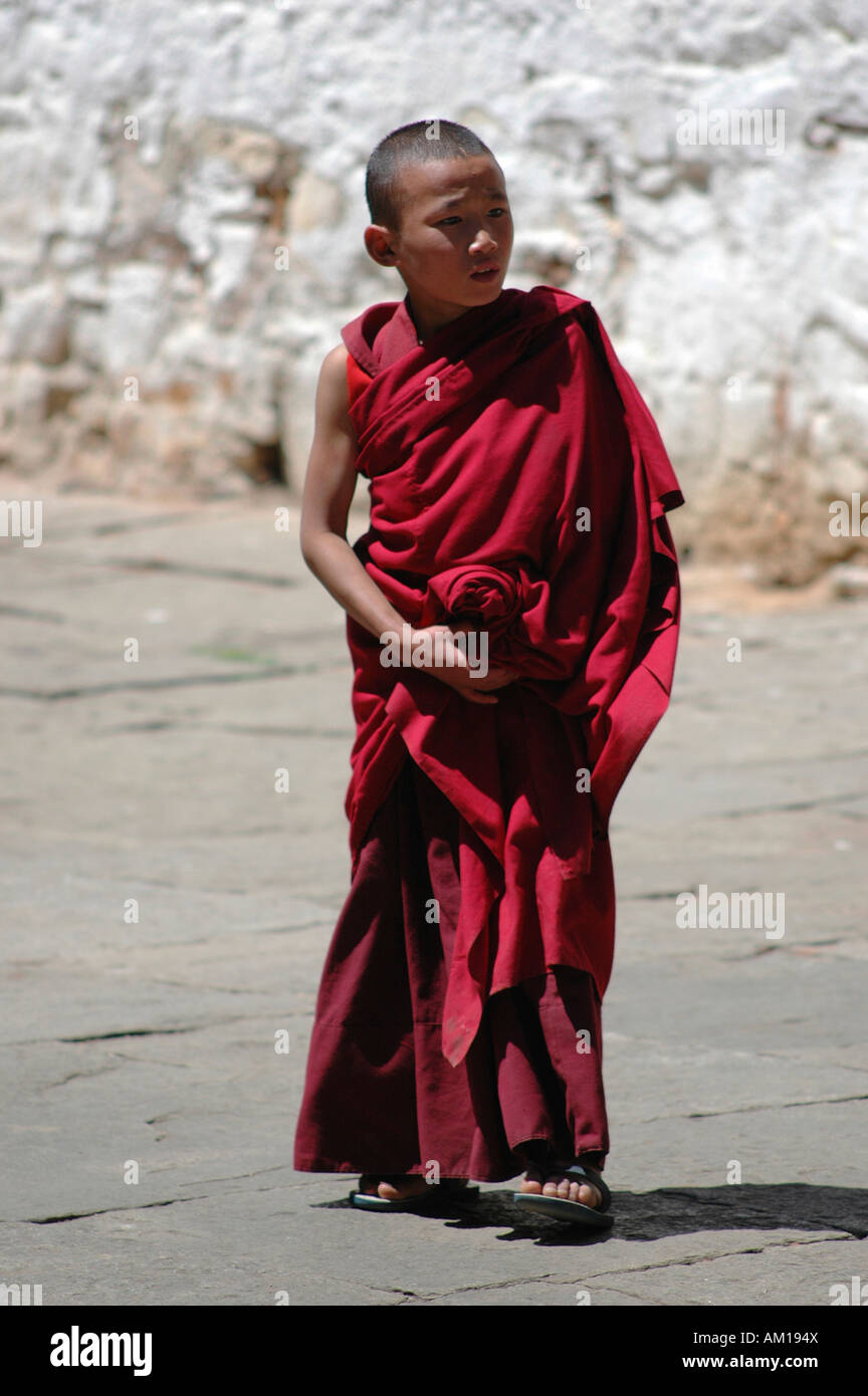 Young monch in Paro dzong, Paro, Bhutan Stock Photo