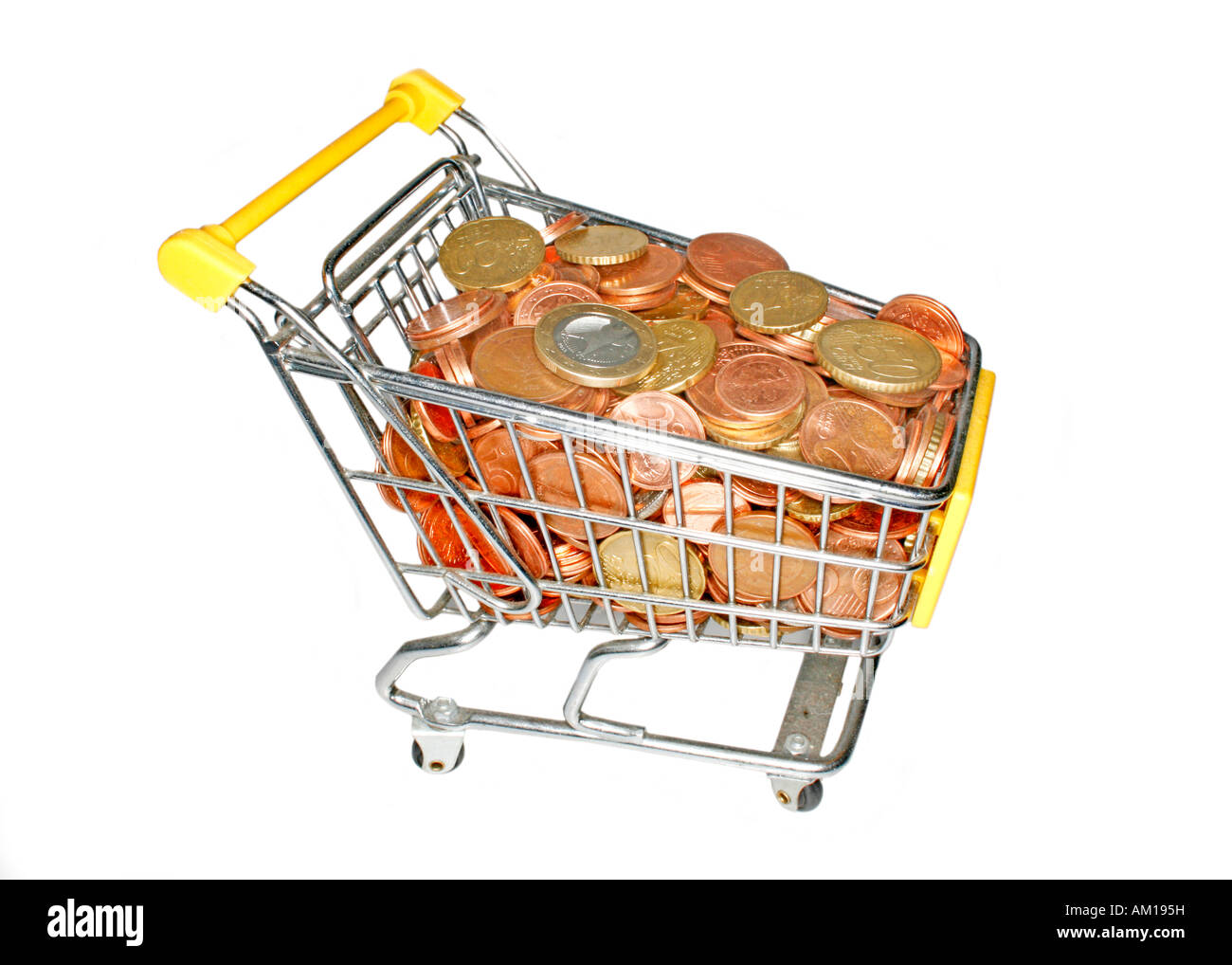 Small shopping-cart filled with coins Stock Photo