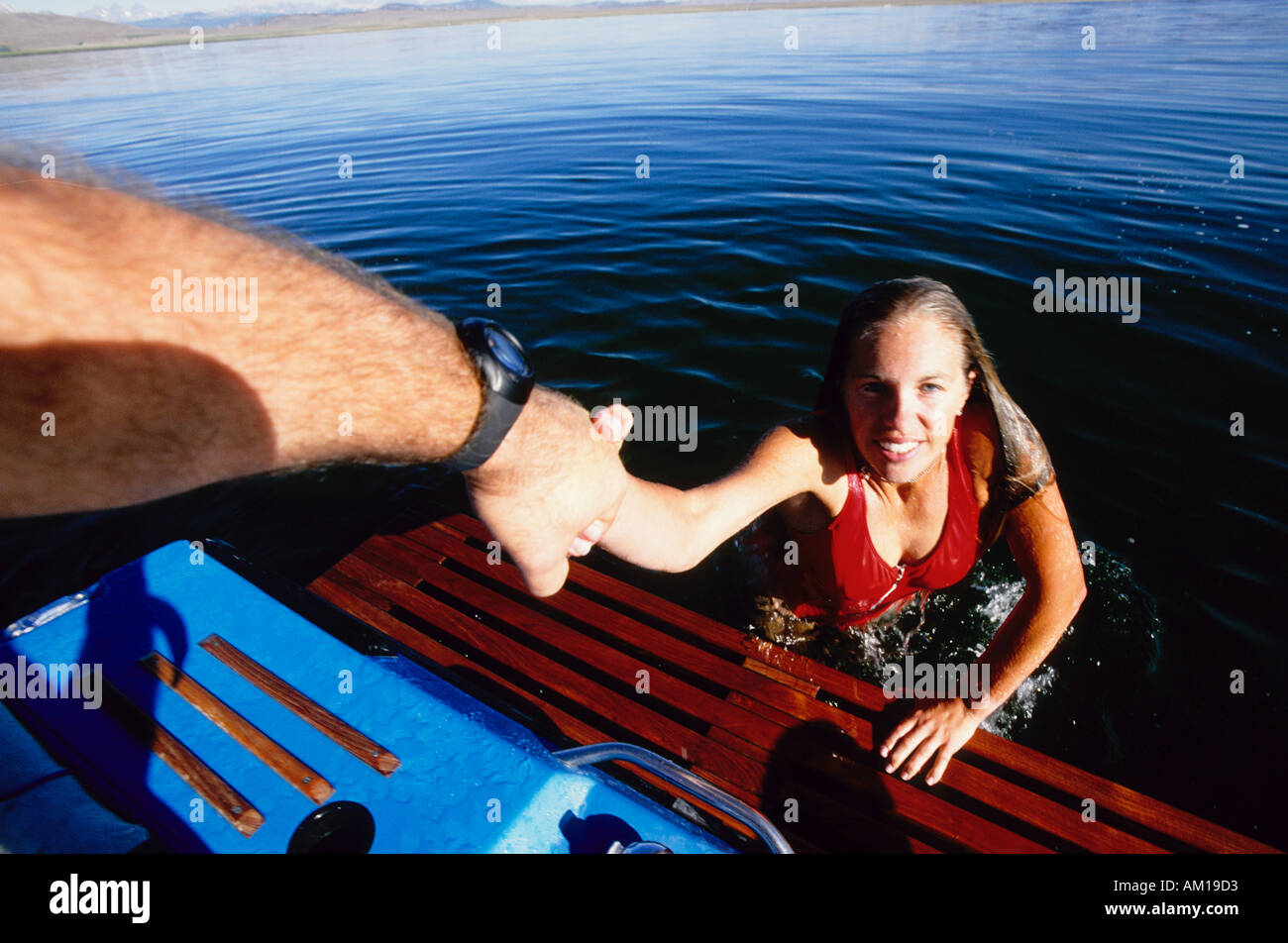 Wakeboarding on Crowley Lake near Mammoth Lakes California USA Stock