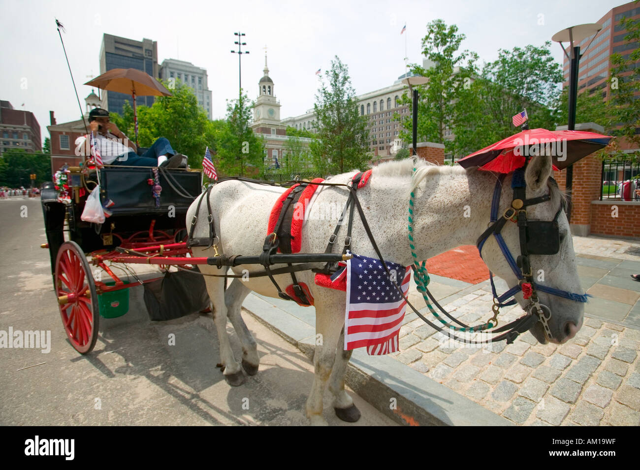 Patriotic horse and carriage with flags in front of Independence Hall