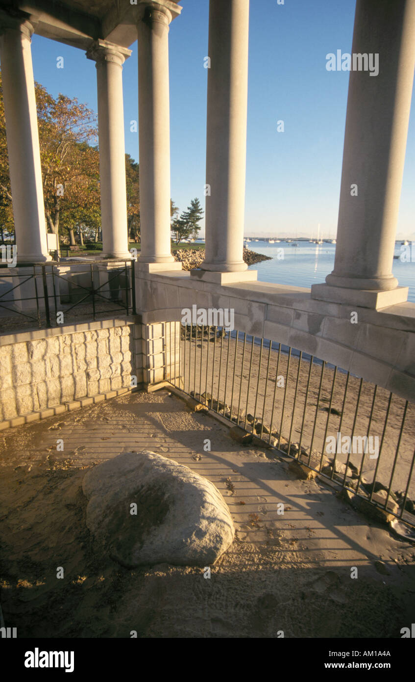 The Plymouth Rock ,Plymouth Massachusetts USA  protected by a granite portico and represents the landing  of the Pilgrim Fathers Stock Photo