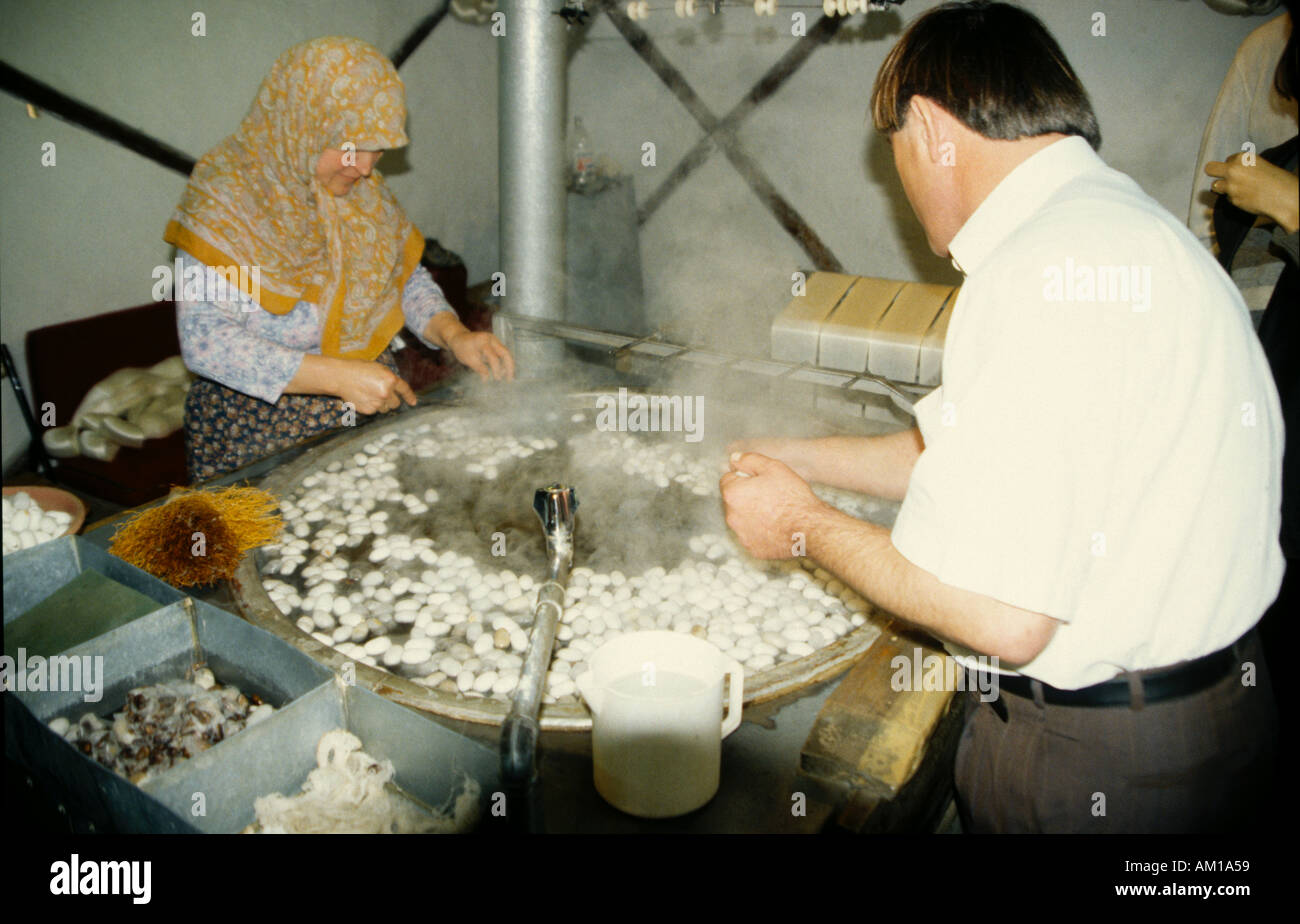 Silk worm workers working with the cocoons and fine threads in the silk making process Stock Photo