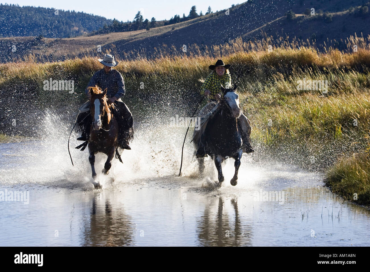 Cowgirl and cowboy riding in water, Oregon, USA Stock Photo