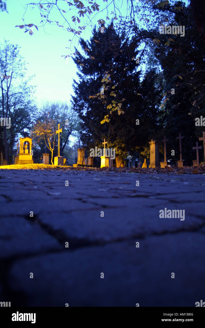 Cemetery by night, Stuttgart, Germany Stock Photo
