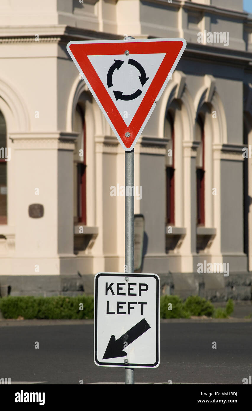 Keep left, street sign, Port Fairy, Great Ocean Road, Victoria, Australia Stock Photo