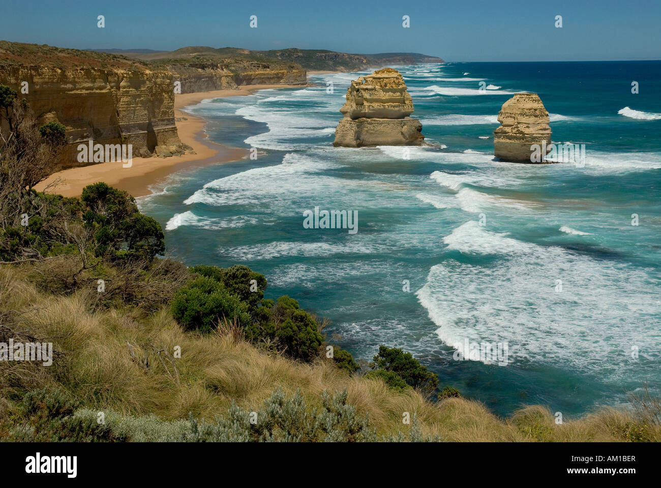Great Ocean Road, cliffs and coastal landscape next to the Twelve Apostles, Southern Ocean, Victoria, Australia Stock Photo