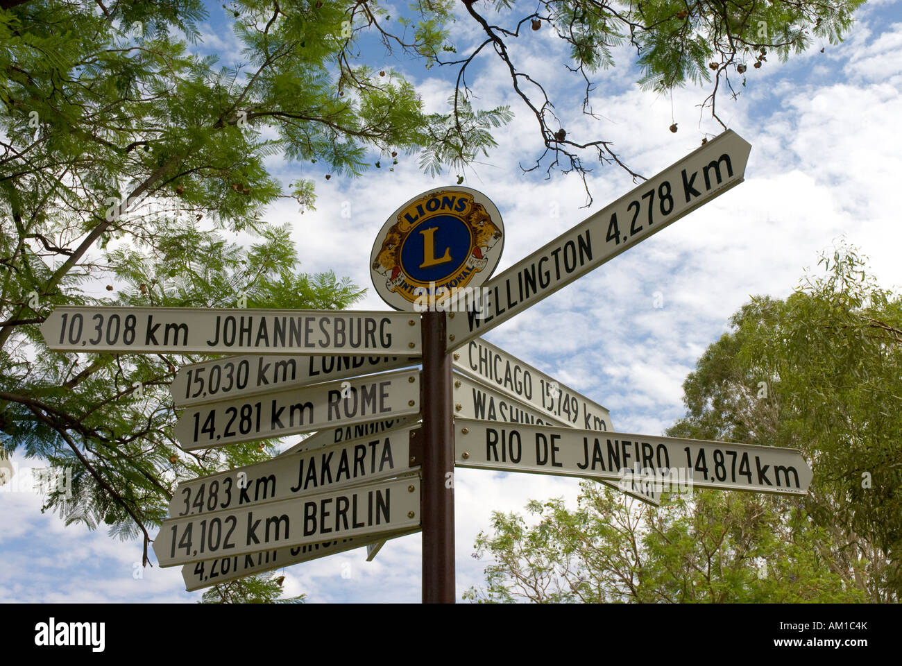 Signpost showing kilometer distances to various directions, Alice