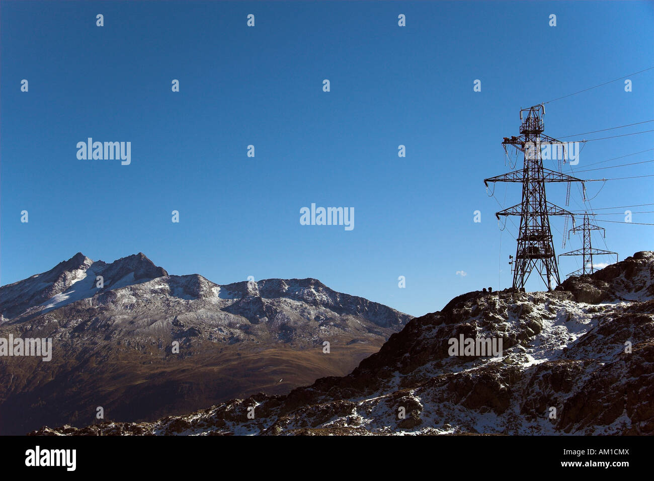 Power pole at Grimsel Pass, canton of Uri, Switzerland Stock Photo