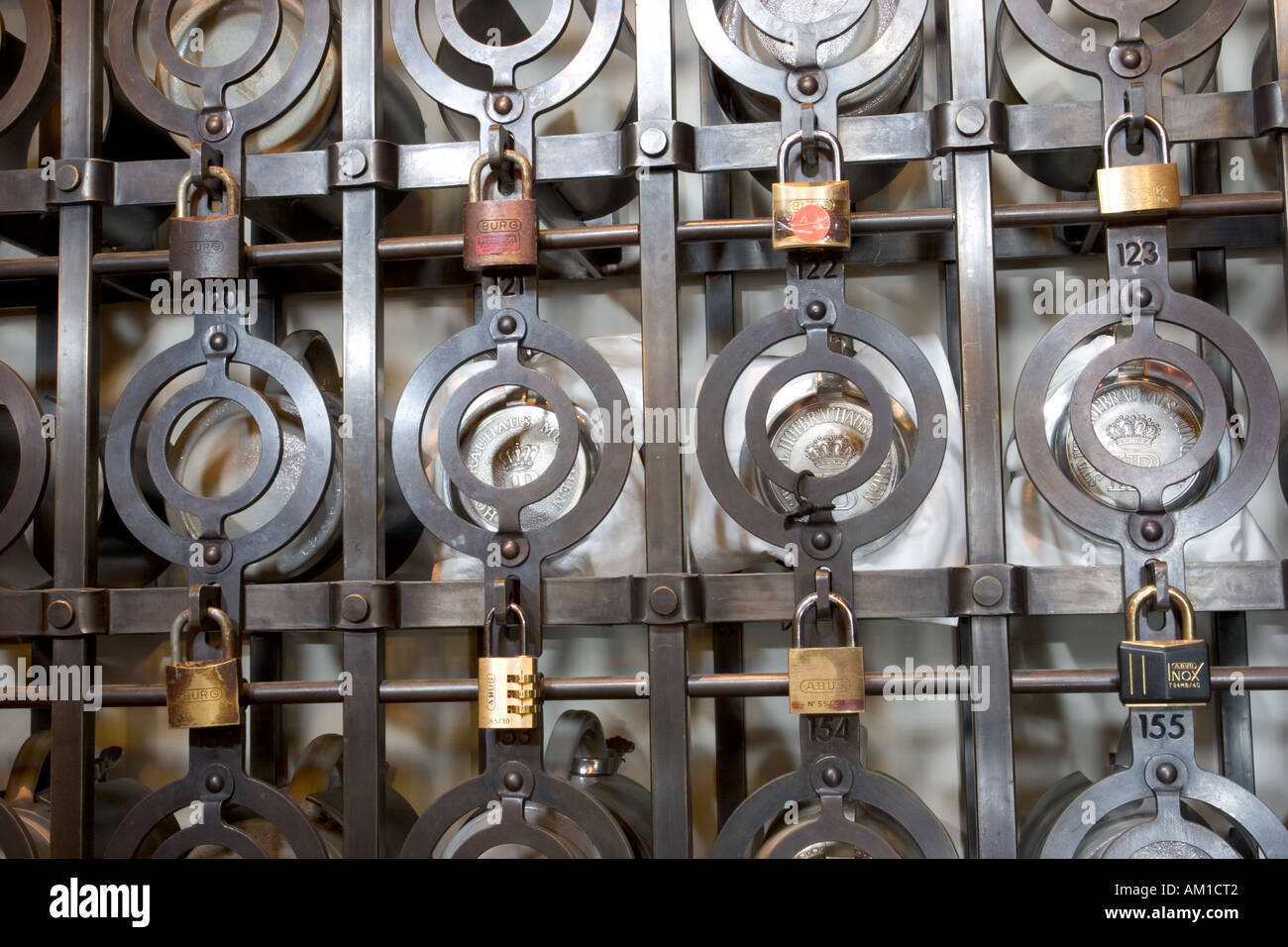 Hofbraeuhaus Munich Bavaria Germany private beer mugs locked up ready for use near tables Stock Photo