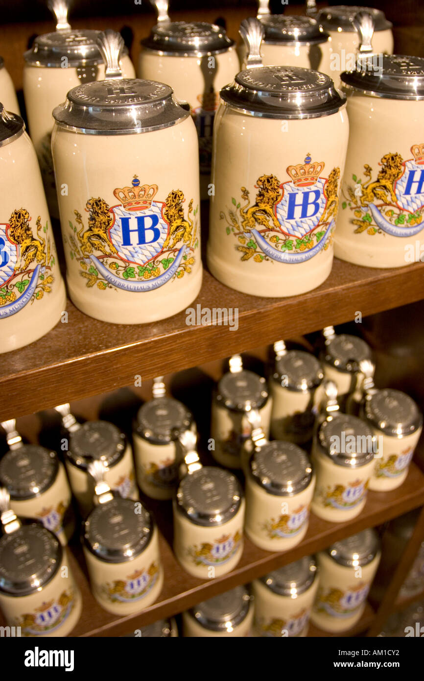 Hofbraeuhaus Munich Bavaria Germany beer mugs with logo of Hofbraeuhaus on lid for sale Stock Photo