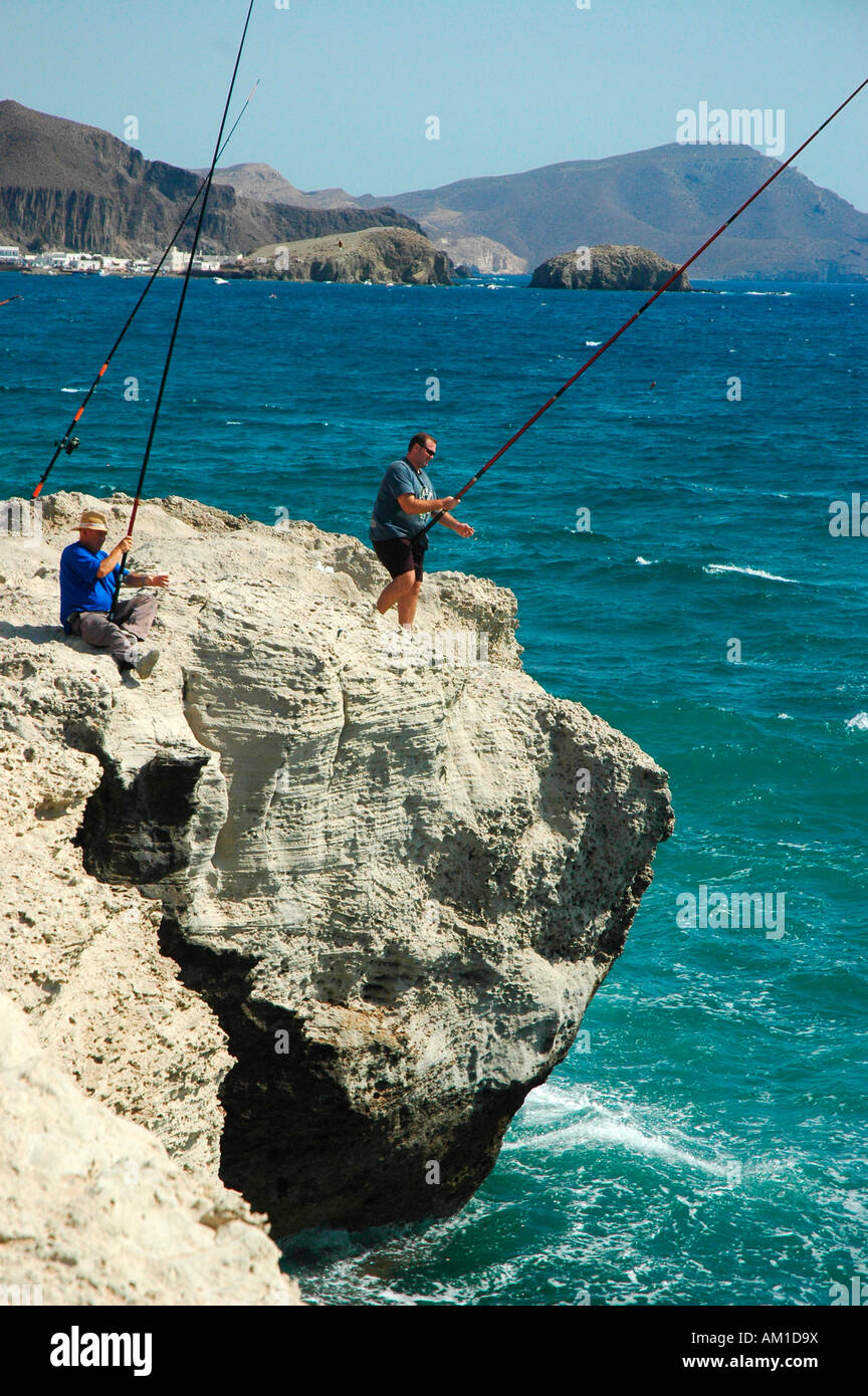 Fishermen in Arco beach CABO DE GATA NATURAL PARK Almeria province Andalusia Spain Stock Photo