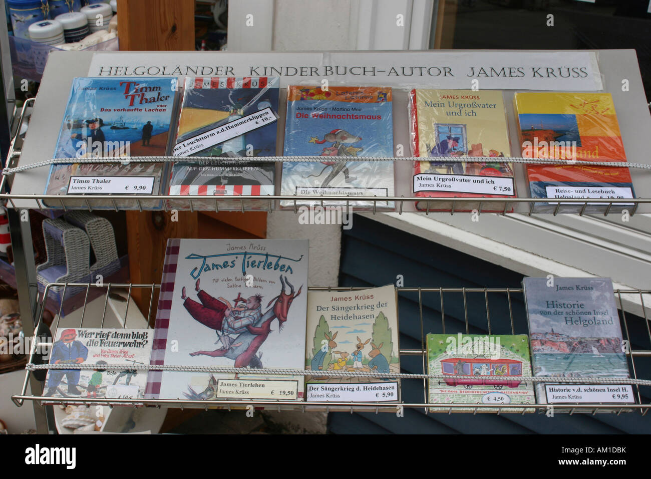 Souvenir shops selling children's books by author James Kruess, Heligoland, Schleswig-Holstein, Germany, Europe Stock Photo