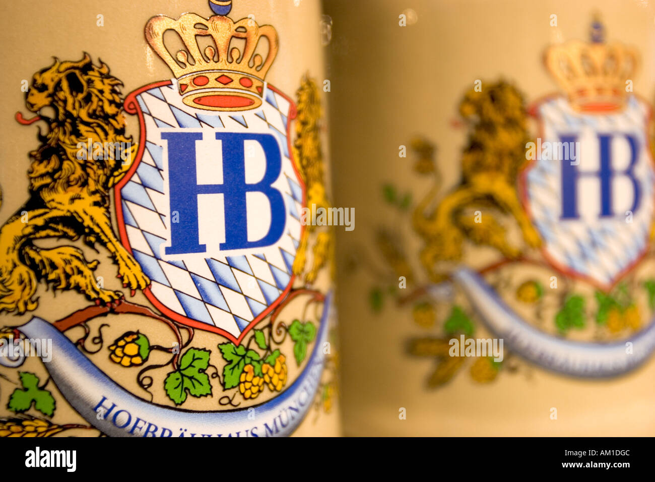 Hofbraeuhaus Munich Bavaria Germany beer mugs with logo of Hofbraeuhaus on lid for sale Stock Photo