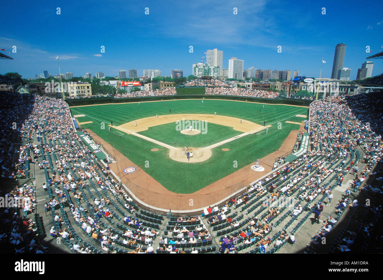 Fisheye view of crowd and diamond during a professional baseball game Wrigley Field Illinois