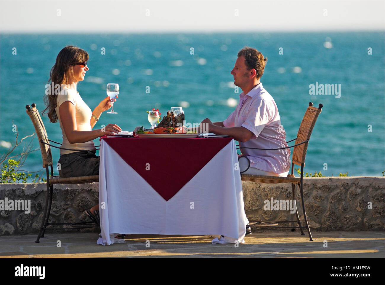 Couple at dinner, Matemo Island Resort, Quirimbas Islands, Mozambique, Africa Stock Photo