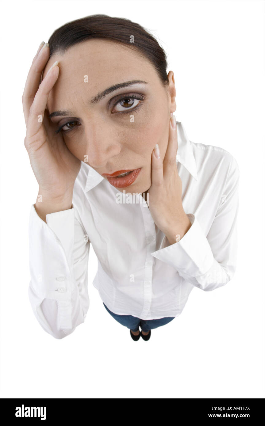 A woman has a bad feeling. Made with fisheye lens. Stock Photo