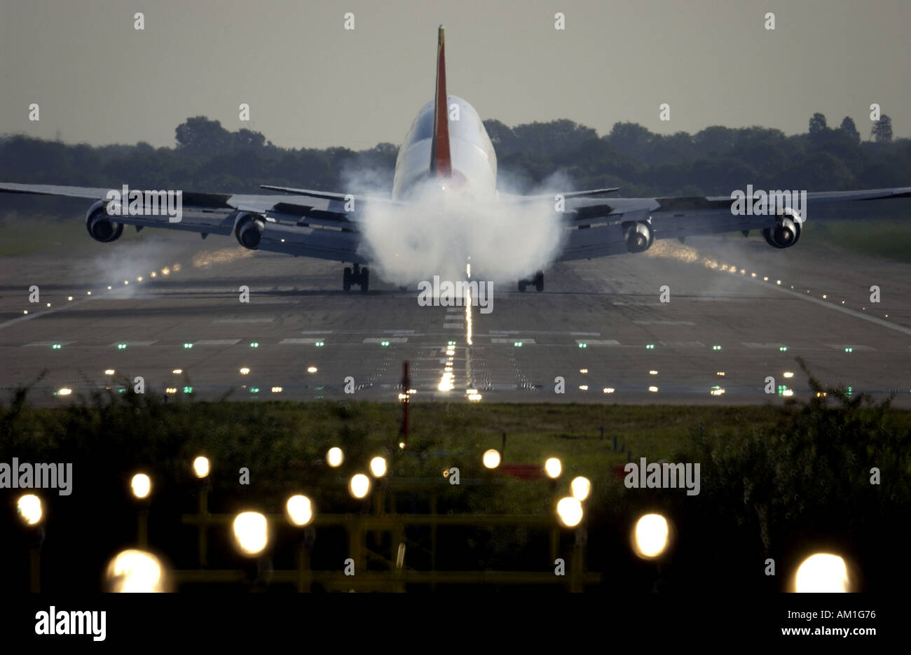 A dramatic landing for a Virgin 747 jet at London Gatwick airport Stock Photo