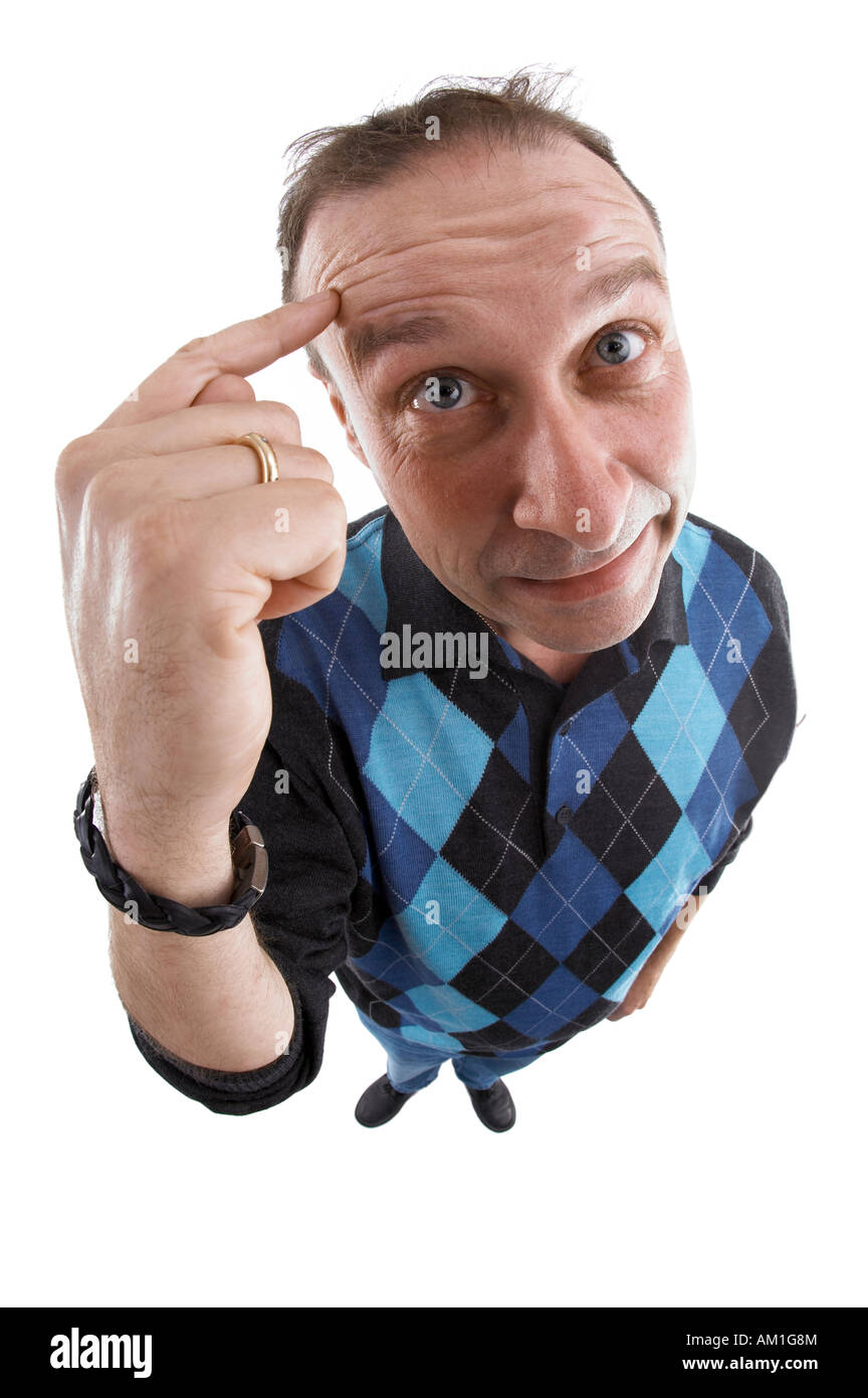 A man shows his dislike. Photo made with a fisheye-lens. Stock Photo
