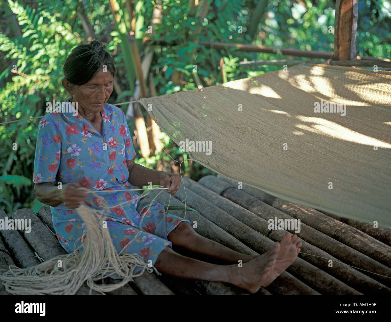 Warao Woman Weaving Morriche Palm Hammock Native People of Orinoco Delta National Park Venezuela Stock Photo