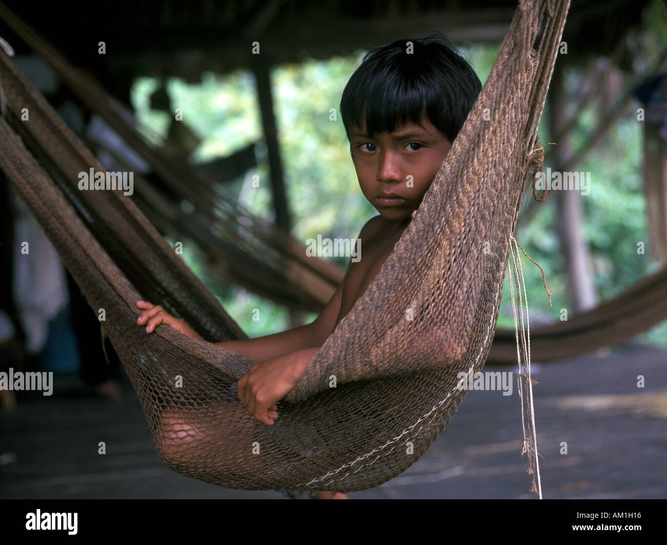 Warao child Native people of Orinoco delta in hammock.  Venezuela Stock Photo