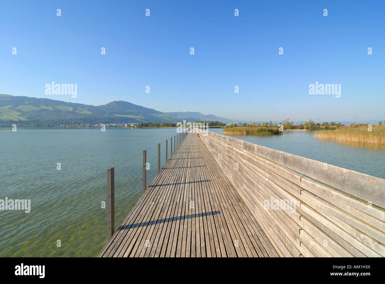 Rapperswil - wooden bridge over the lake zurich - canton of St. Gallen, Switzerland, Europe. Stock Photo