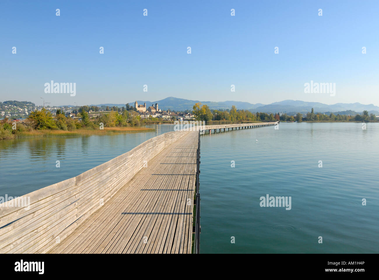 Rapperswil - wooden bridge over the lake zurich - canton of St. Gallen, Switzerland, Europe. Stock Photo