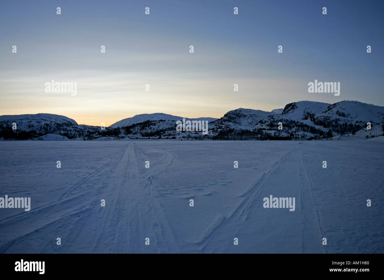 Ski track on frozen lake Stock Photo