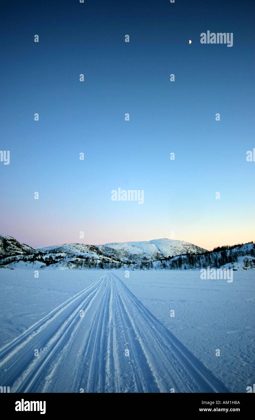 Ski track on frozen lake Stock Photo