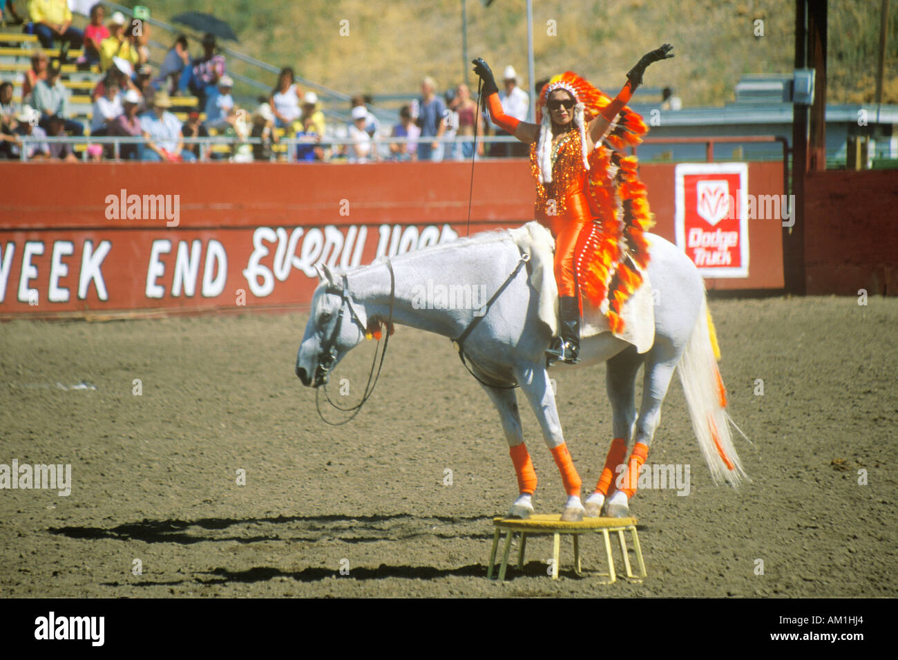 Rodeo antics on horseback Ellensburg Rodeo Labor Day Washington Stock
