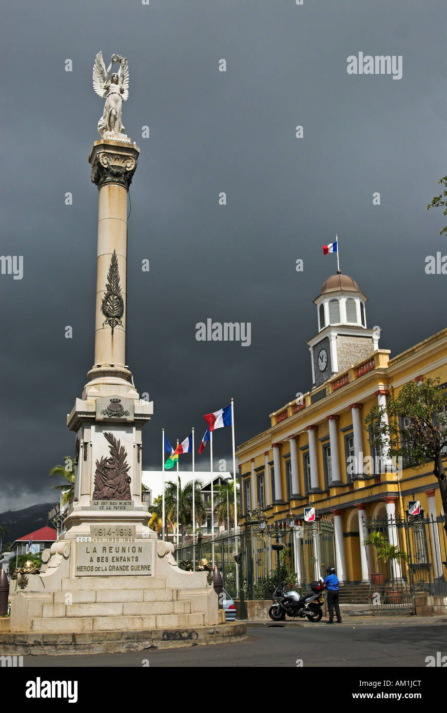 City hall and monument for soldiers killed in action in the capital St. Denis, La Reunion Island, France, Africa Stock Photo
