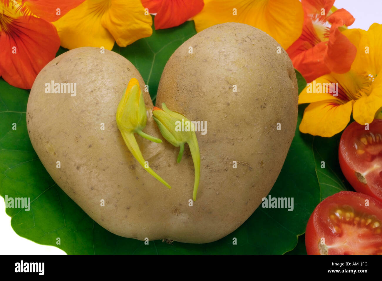 Heart shaped potatoe with Indian cress Stock Photo