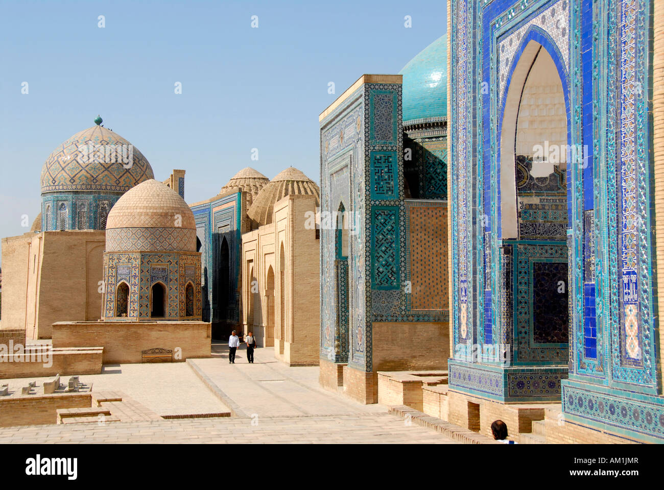 Mausoleums with blue decorated iwans and cupolas Necropolis Shah-i-Zinda Samarkand Uzbekistan Stock Photo