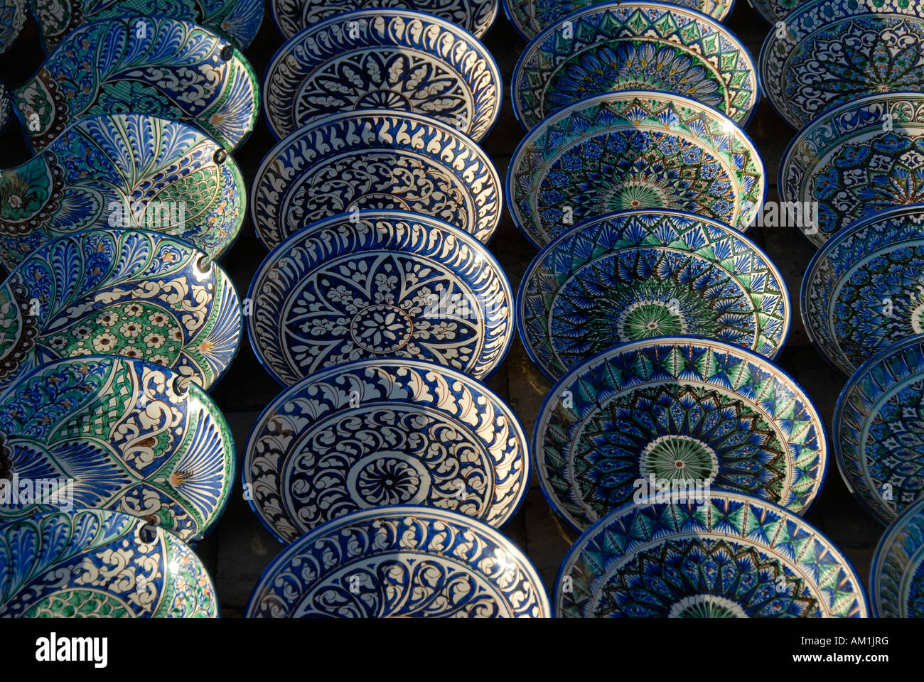 Uzbek ceramic plates with fine blue and green pattern Bukhara Uzbekistan Stock Photo