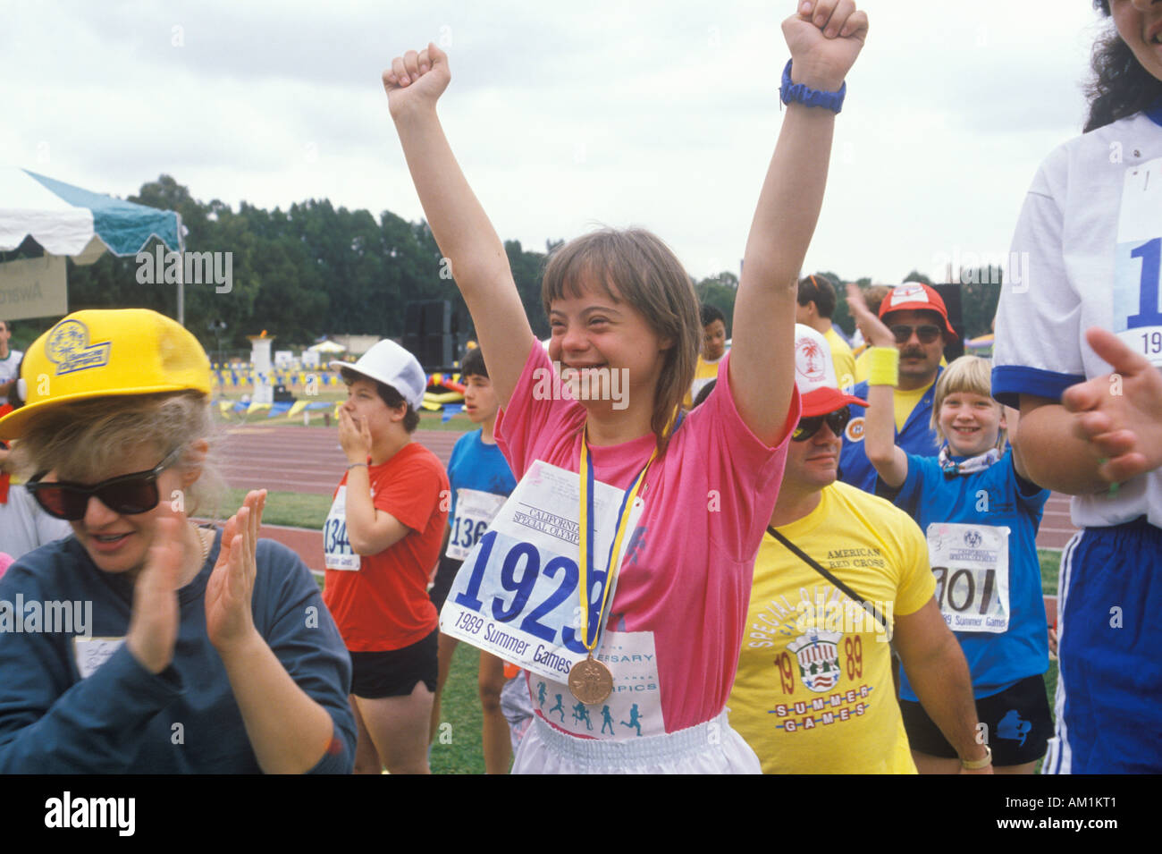 Young Handicapped athlete celebrating during Special Olympics UCLA CA Stock Photo