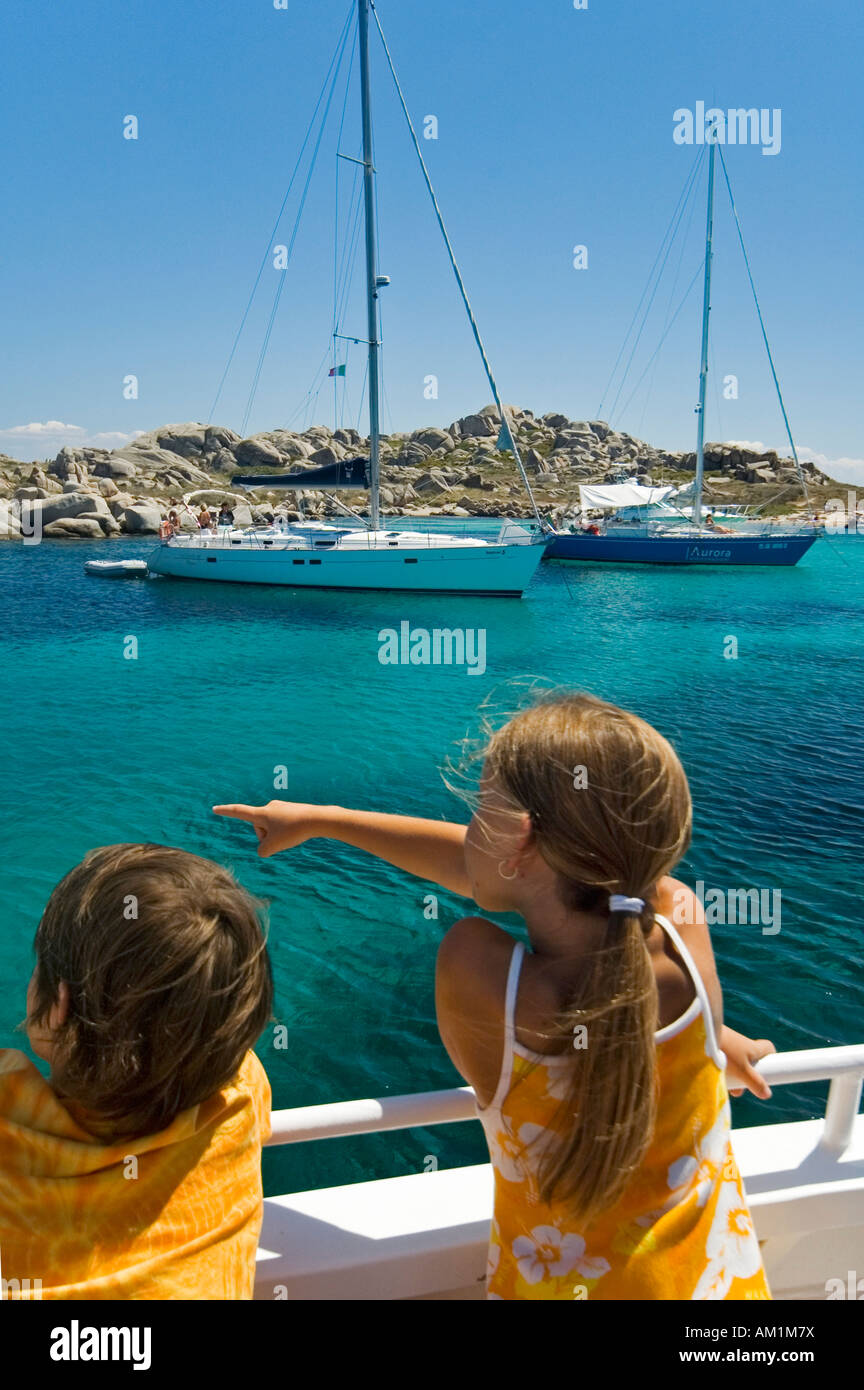 Children on a boat on Corsica, France Stock Photo