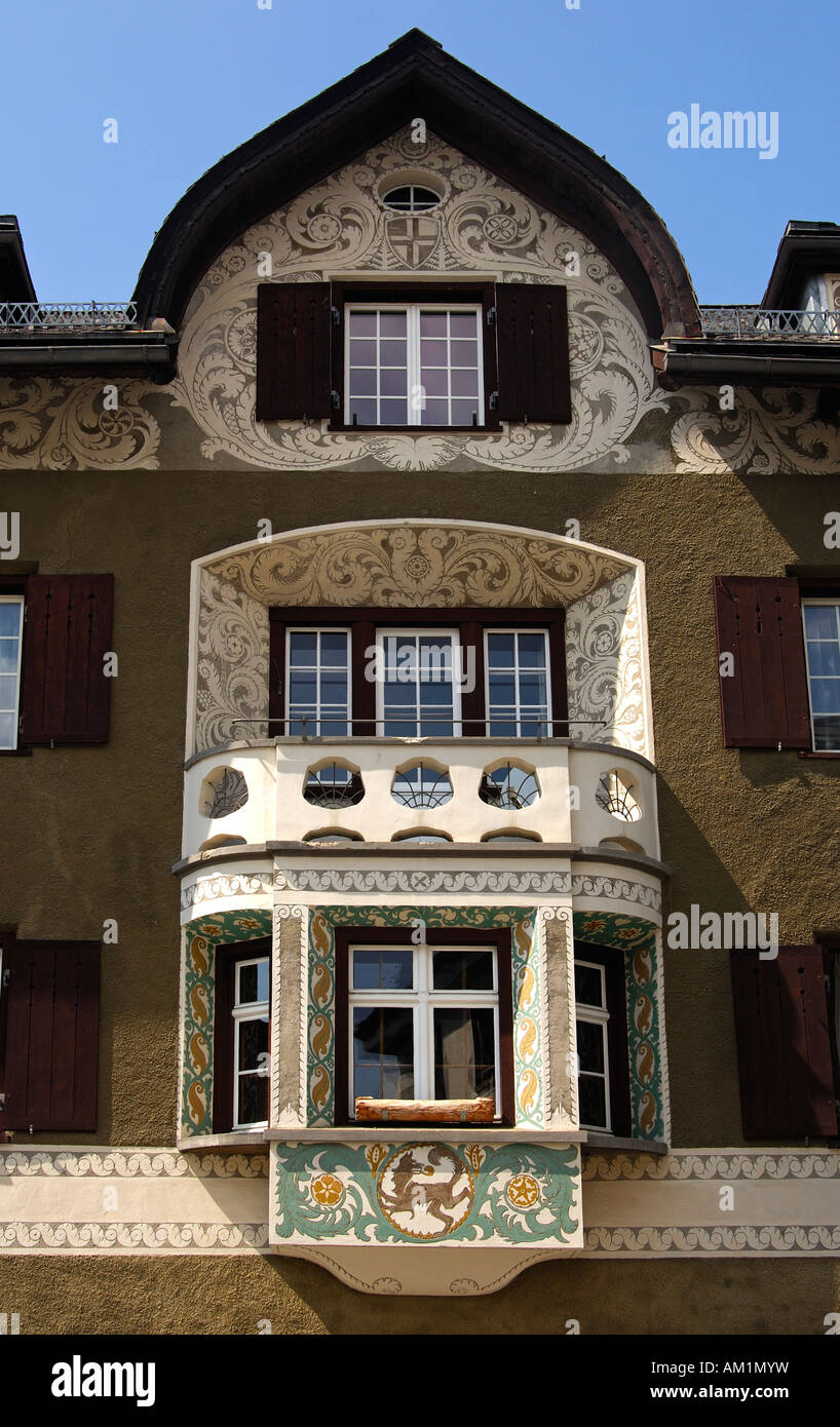 Engadine house with bay and decorated with Sgraffito ornaments, Samedan, Engadin, Grisons, Switzerland Stock Photo