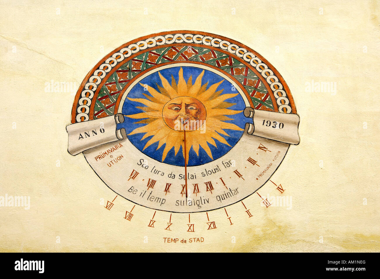 Sun dial, Ardez, Lower Engadin, Grisons, Switzerland Stock Photo