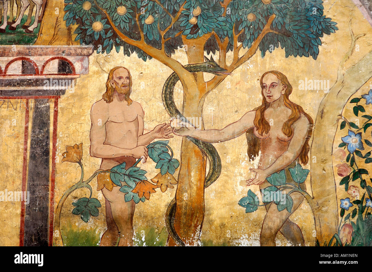 Adam and Eve in the Garden of Eden, Sgraffito outdoor wall painting, Ardez, Engadin, Grisons, Switzerland Stock Photo