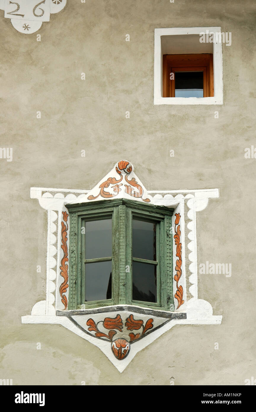 Bay window of traditional Engadine house, Scuol, Engadin, Grisons, Switzerland Stock Photo