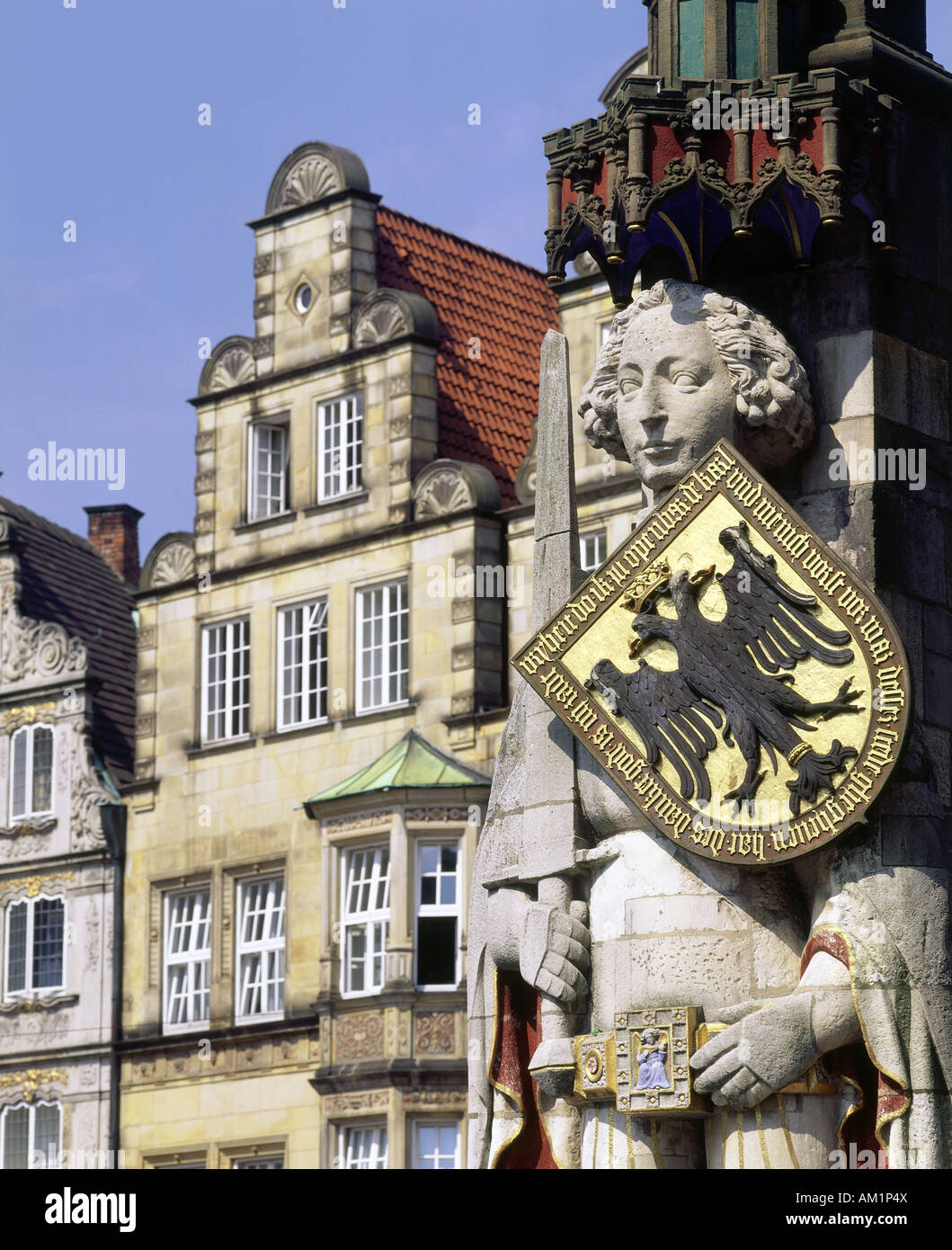 geography / travel, Germany, Bremen, Bremen City, Roland statue (5,5m), built: 1404, detail: head with Europe, monument, figure, Stock Photo