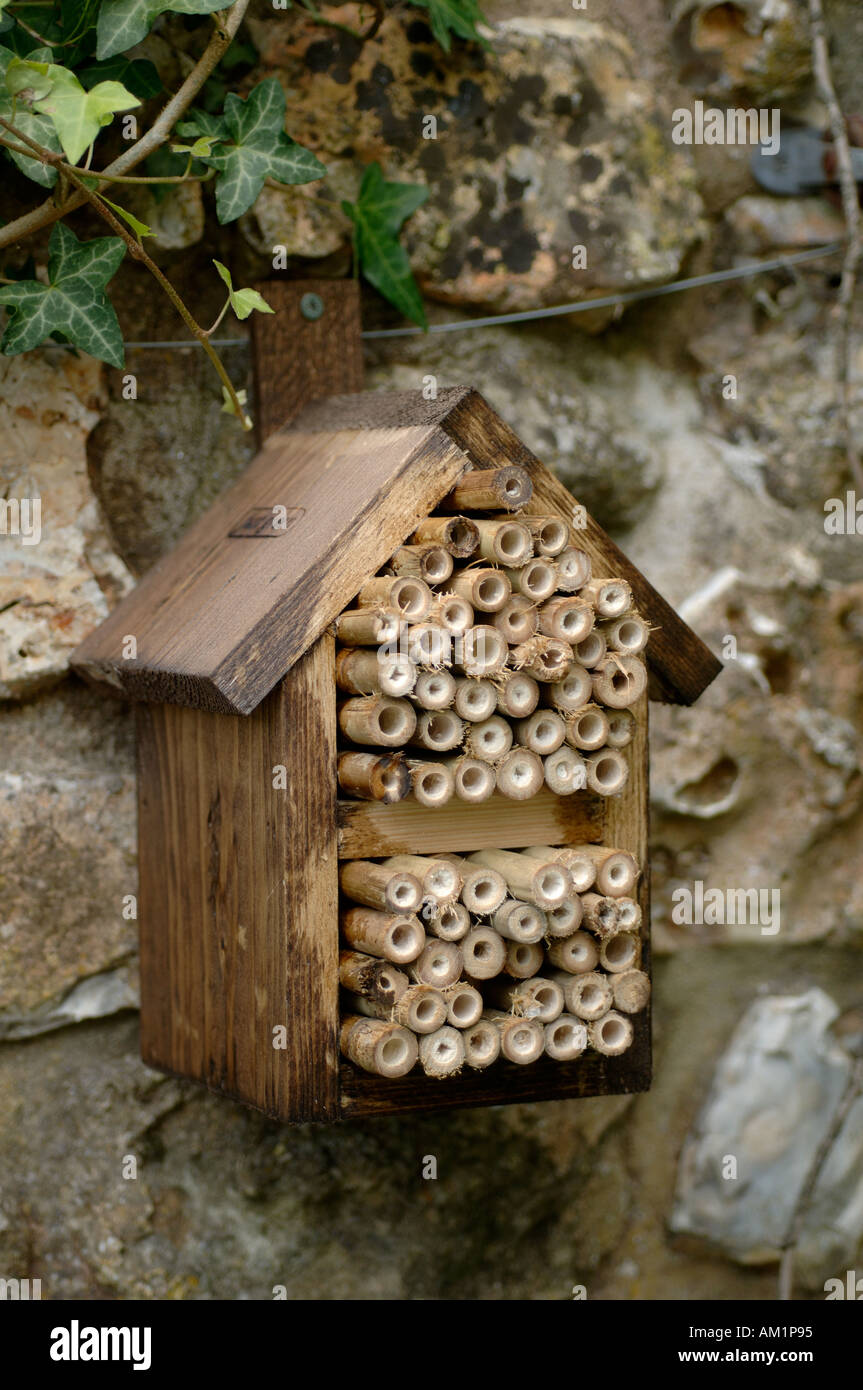 Close up of wooden insect box with circular holes bamboos for overwintering insects Stock Photo